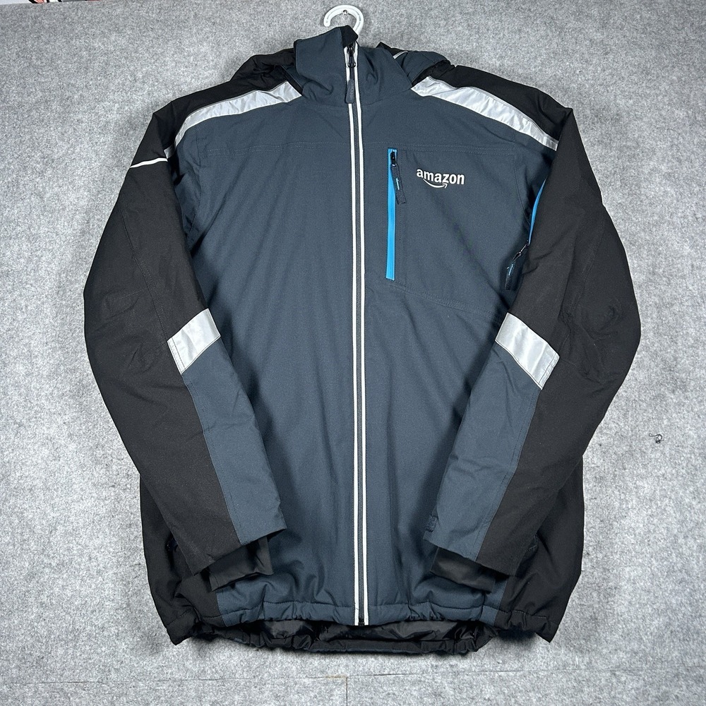 AMAZON Winter Jacket Mens Size Large Navy Blue Reflective Insulated‎ Big Logo